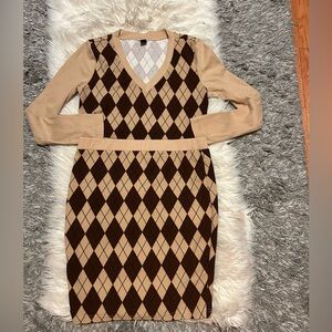 Brown & Beige Argyle Sweater & Skirt Set